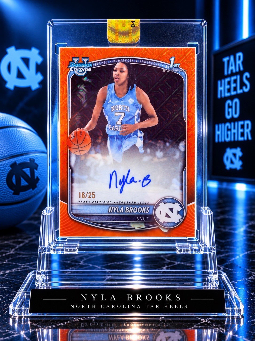 2025-26 Bowman Nyla Brooks Chrome Auto Orange Shim  /25 North Carolina Tar Heels