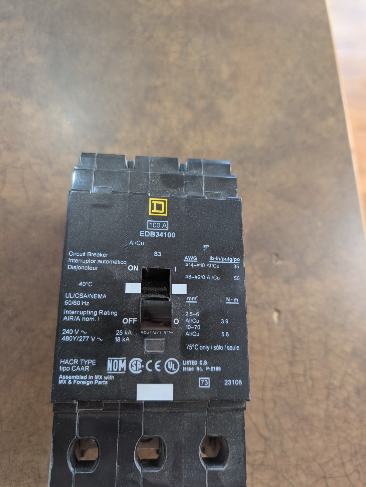 NTO * New Take Out * SQUARE D EDB34100 N 100A 480V 3P Circuit Breaker FLAW CHIP
