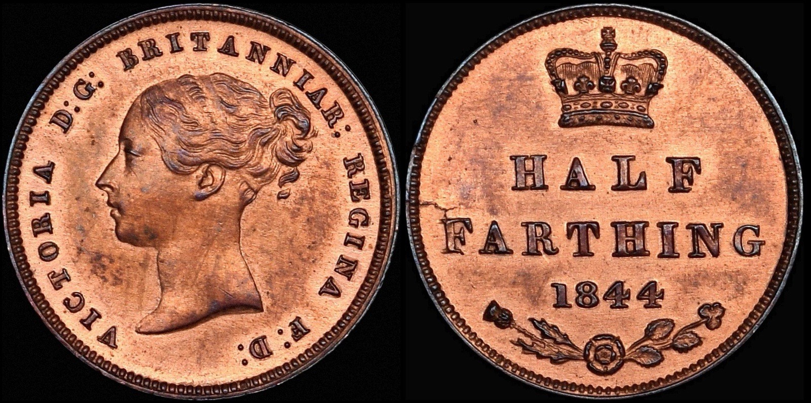 1844 GREAT BRITAIN, VICTORIA BU RED HALF FARTHING