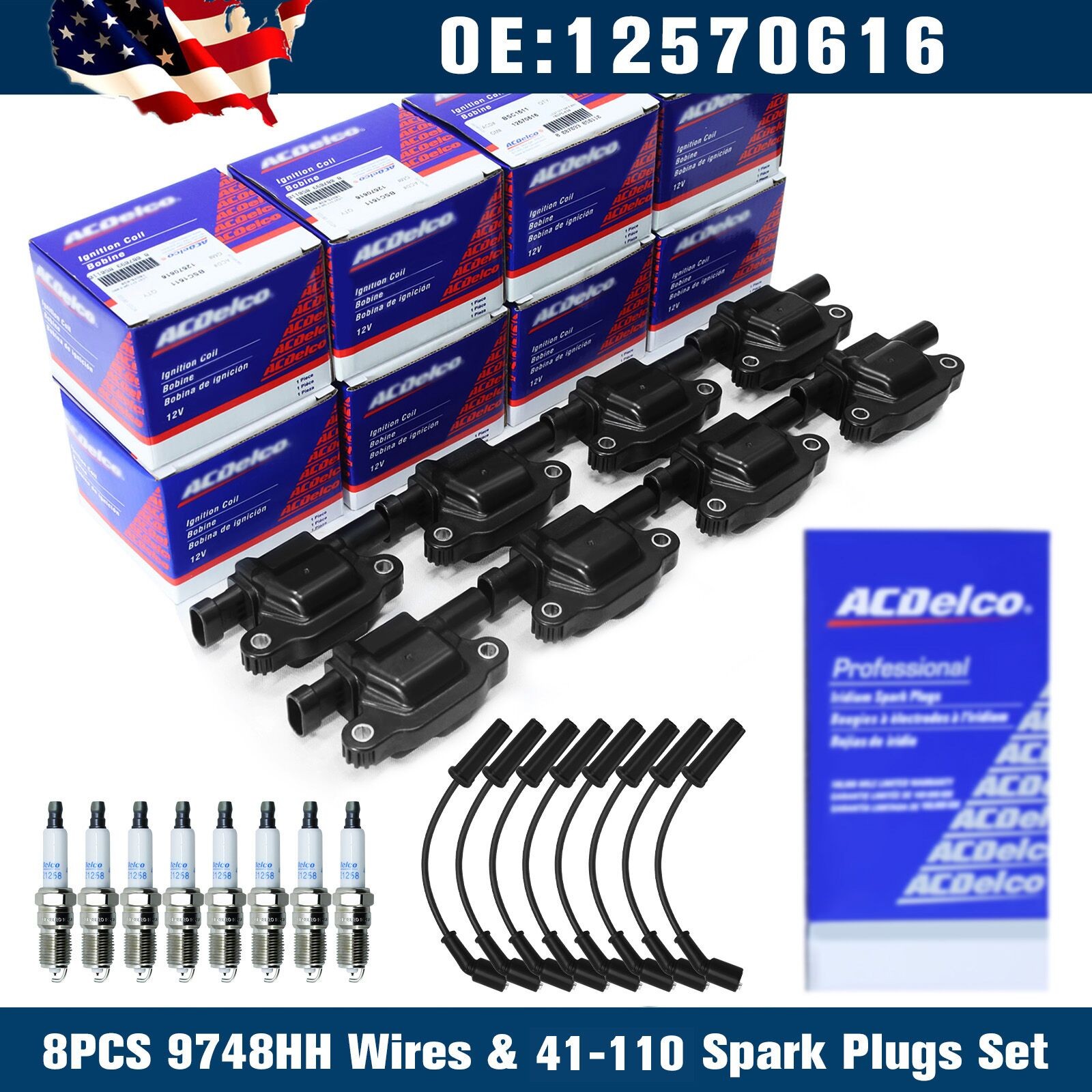 8PCS OEM UF413 Ignition Coil 8PCS 41-110 Spark Plug + 8PCS 9748UU Wire Fit. GMc