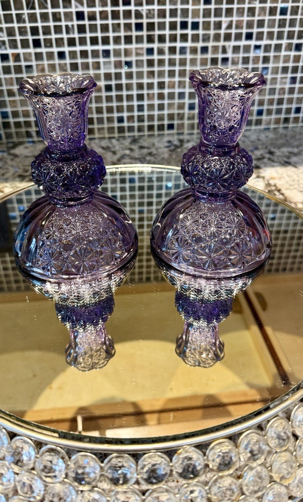 Vintage Fenton Amethyst Purple Daisy &Button Glass Candlestick Holders Pair RARE