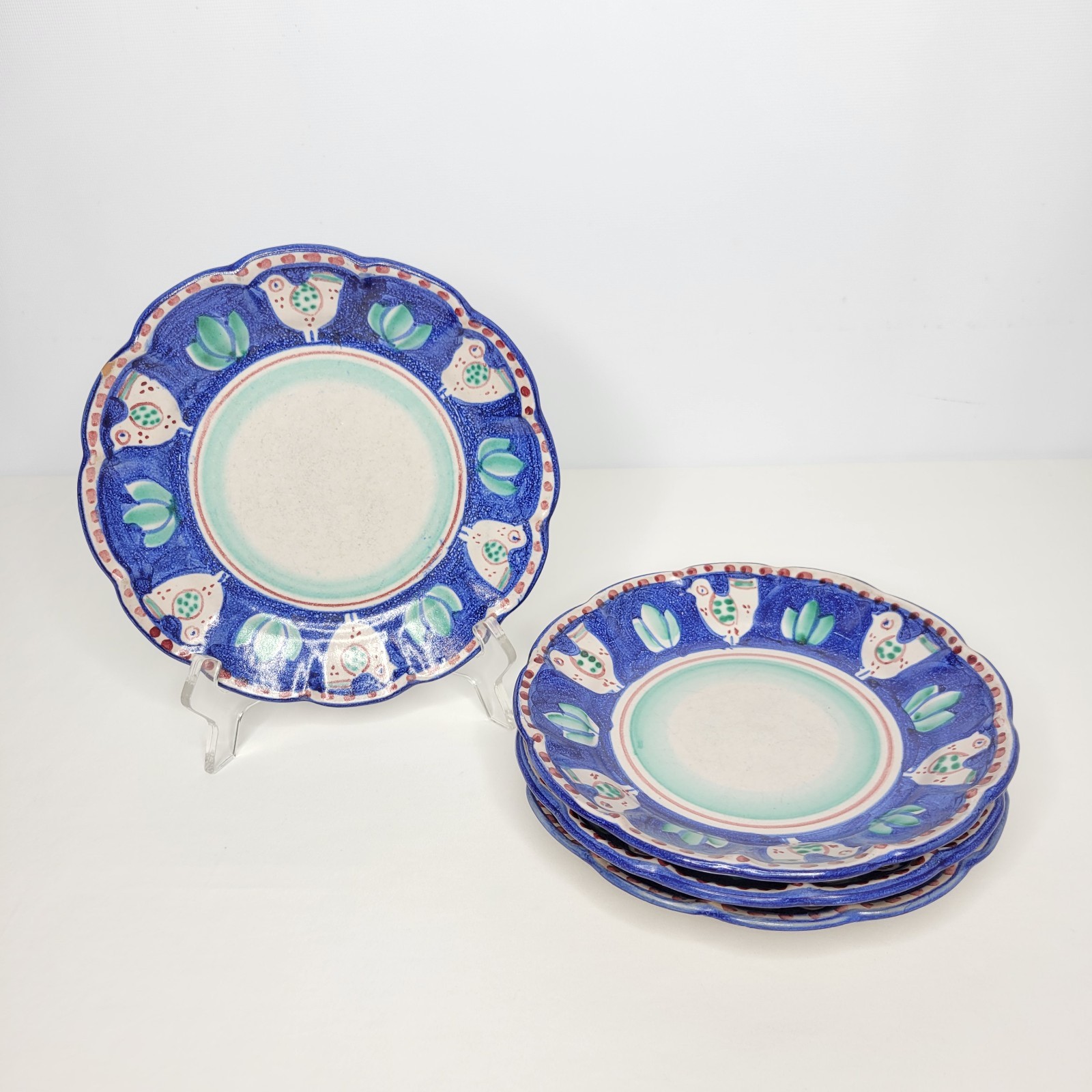Set of 4 Vintage C.A.S Vietri Italy Blue Scalloped Chicken Salad Plates Campagna