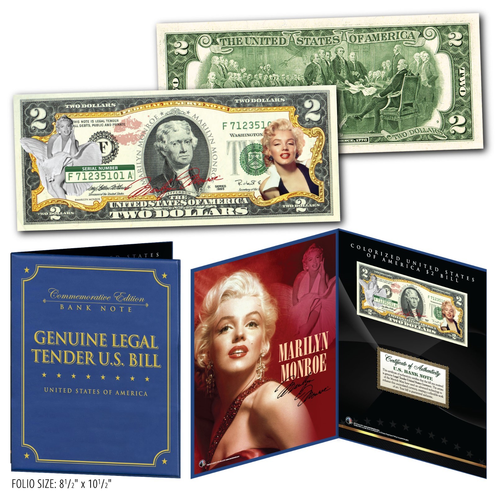 MARILYN MONROE Genuine Legal Tender US $2 Bill in Large Collectors Folio Display