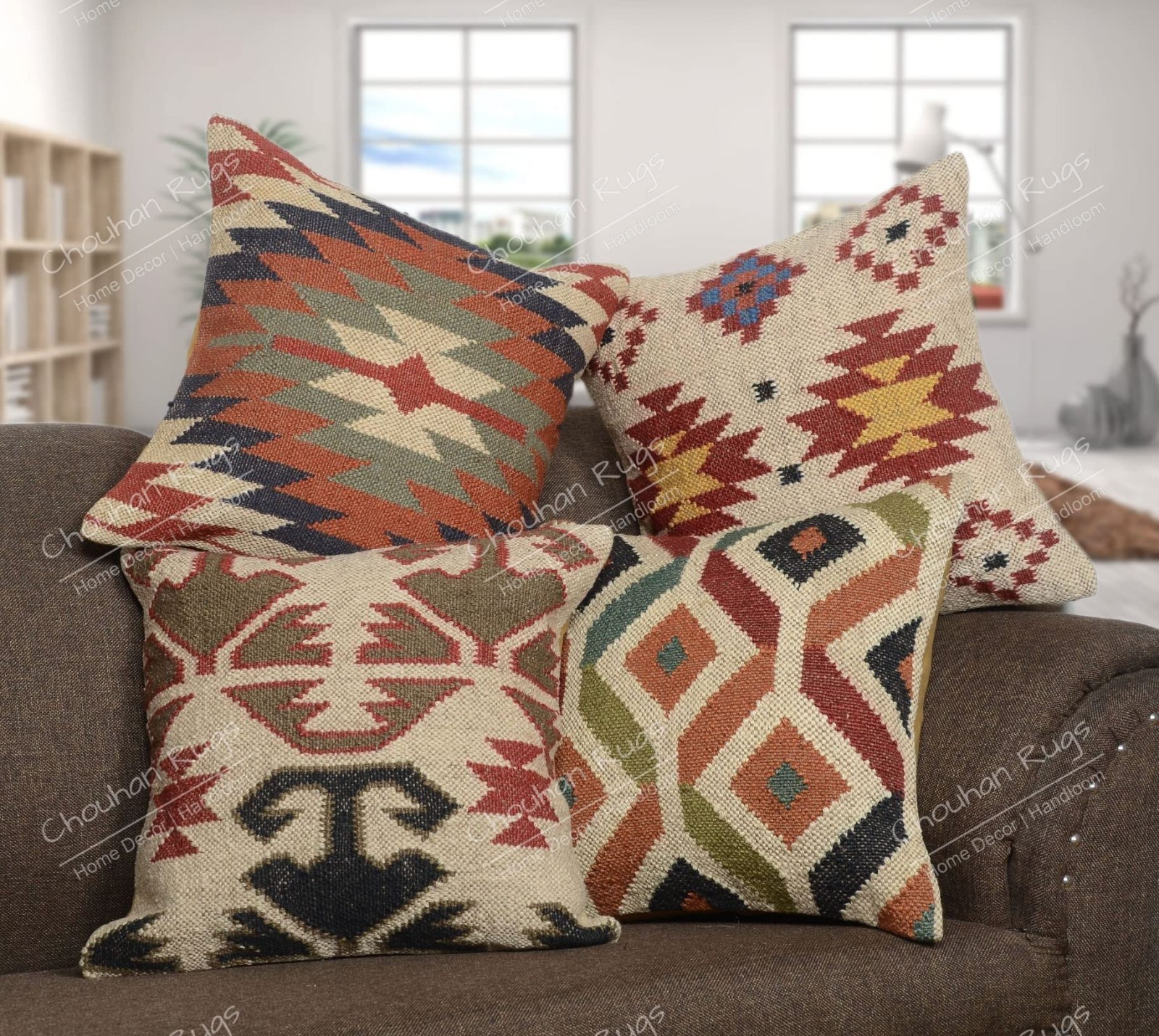 Hand Woven Jute Kilim Cushion Covers 18x18 Vintage Boho Pillows - 4 PCS Set