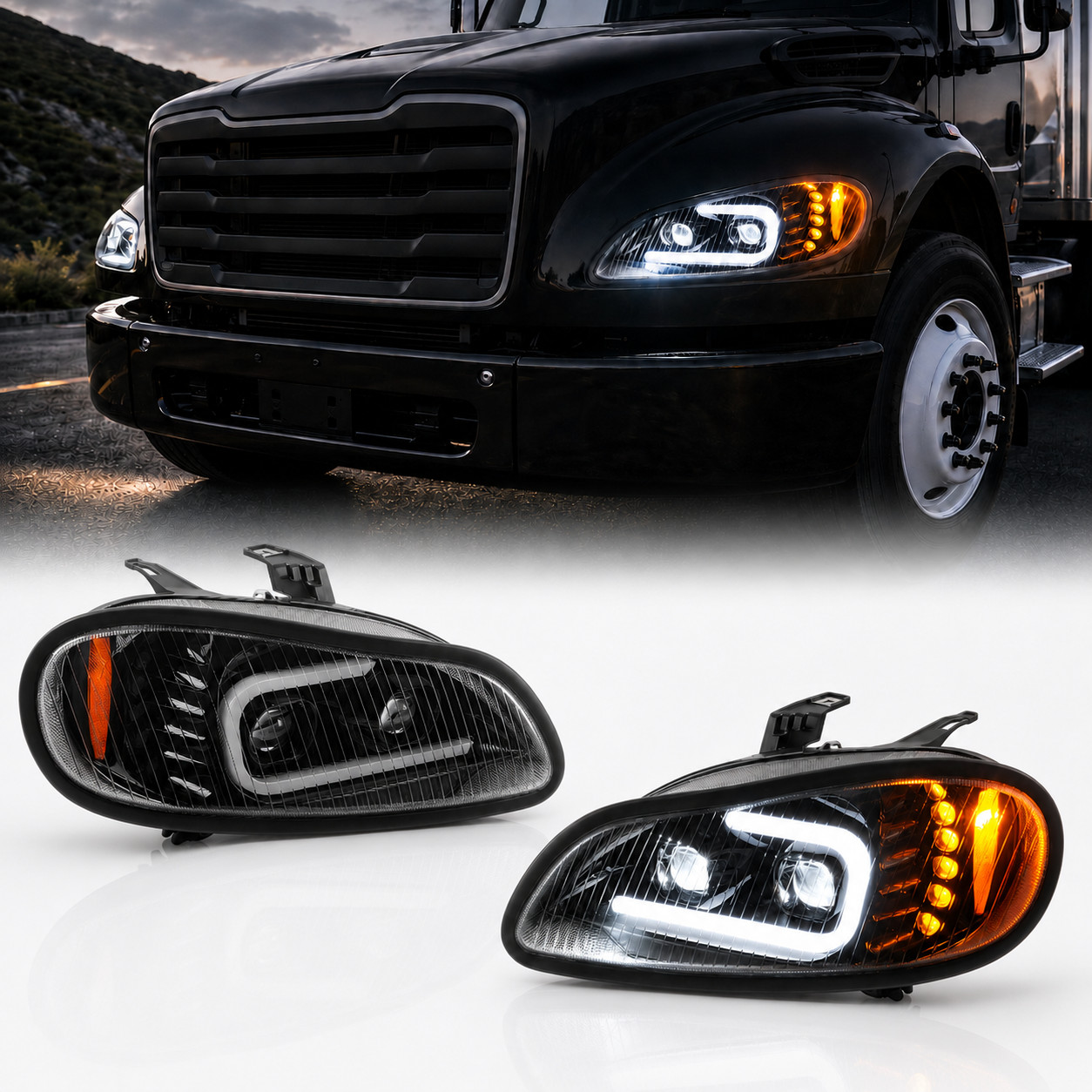 For Freightliner M2 106 112 2003-2019 LED DRL SIGNAL Projector Headlights Black For Freightliner M2 106 112 2003-2019 LED DRL SIGNAL Projector Headlights Black