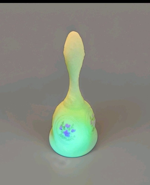 Vintage Fenton Uranium Satin Custard Glass Bell Signed Hand Painted Pink Flowers