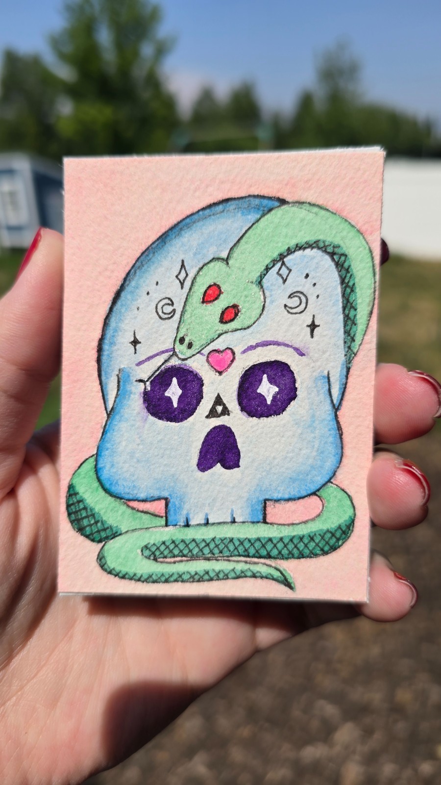 ACEO original art card Skull and Snake Halloween Spooky Cute Sunspot Artistry ACEO original art card Skull and Snake Halloween Spooky Cute Sunspot Artistry