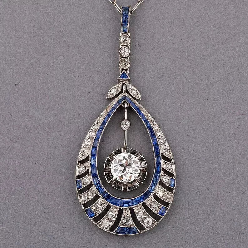 Art Deco Lab Created Diamond Special New Design Pendant In 14K White Gold Finish