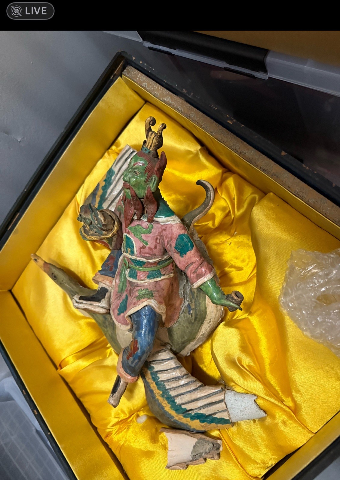 Chinese Qing Dynasty Ceramic Roof Tile. Warrior. Guan Custom Silk Box