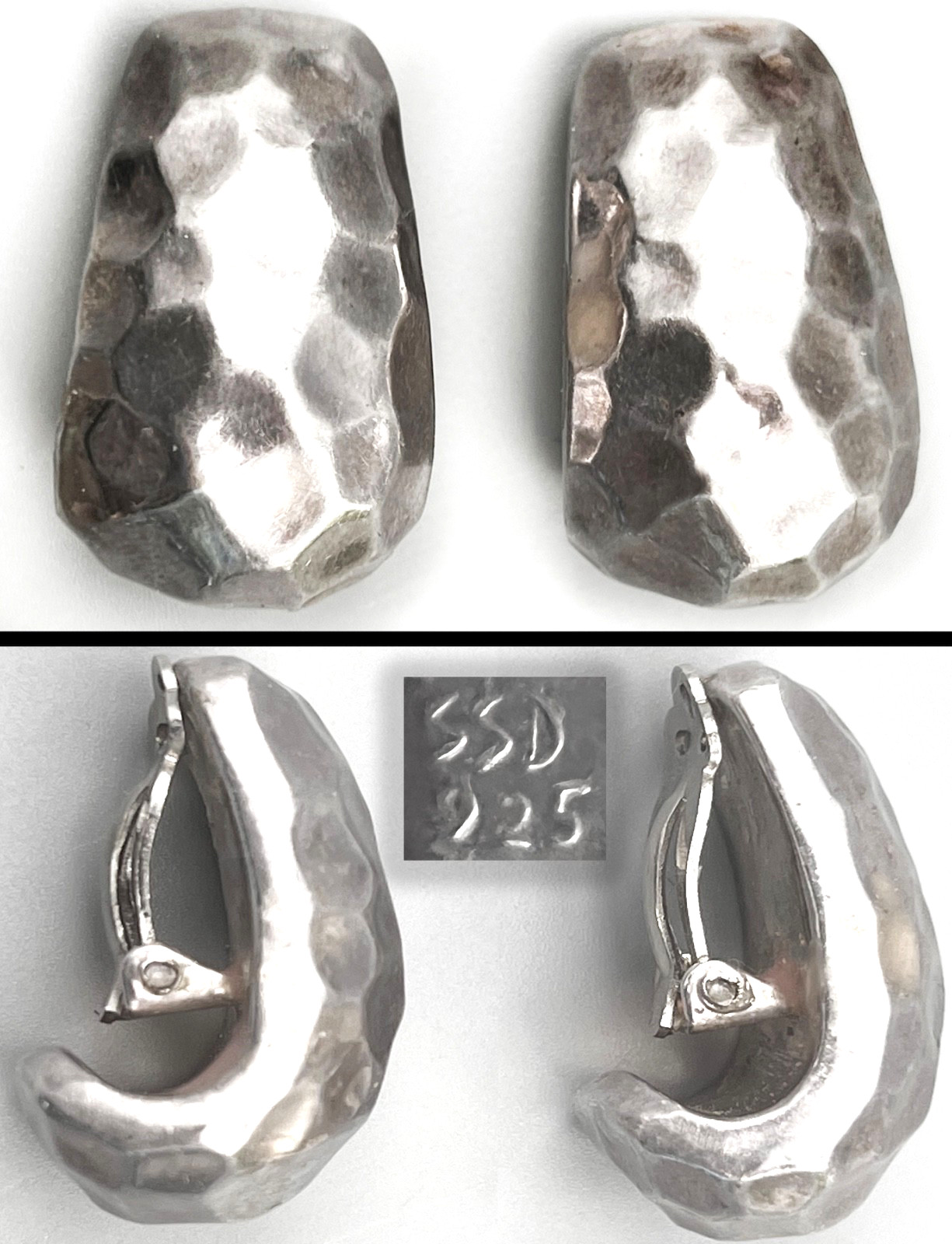 VINTAGE SIMON SEBBAG 925 STERLING HAMMERED ELECTROFORM HALF-HOOP CLIP EARRINGS