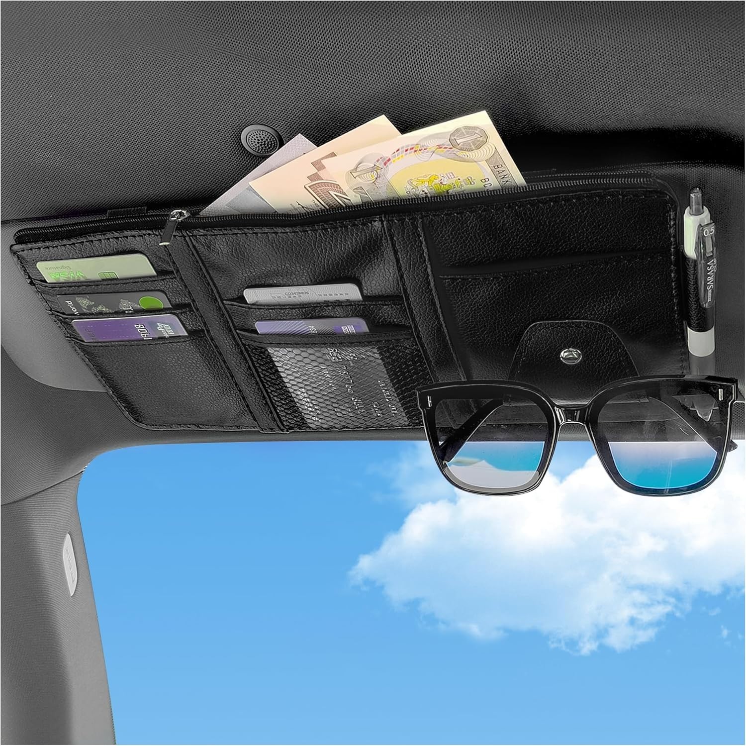 Elegant Faux Leather Car Visor Organizer with Sunglass Holder and 8 Compartments