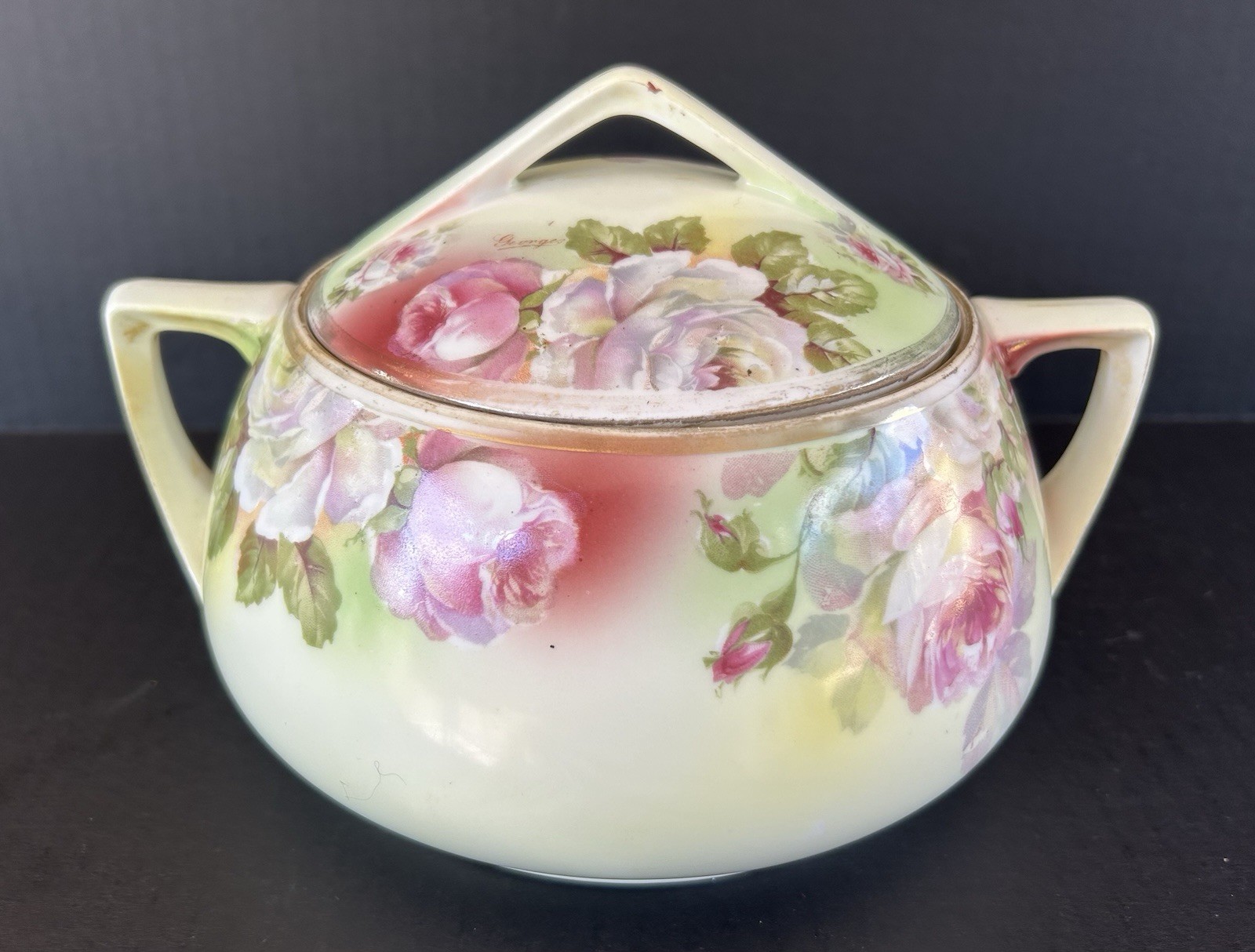 O & EG Royal Austria Porcelain Hand Painted Biscuit Jar With Pink Roses c1899 O & EG Royal Austria Porcelain Hand Painted Biscuit Jar With Pink Roses c1899
