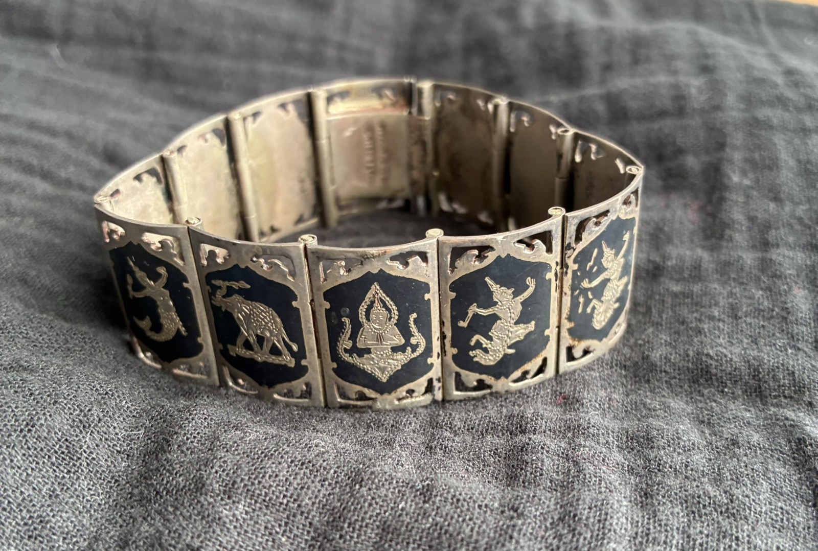 Vintage Siam Sterling Silver Blue Enamel Thai Dancer 12 Panel Bracelet