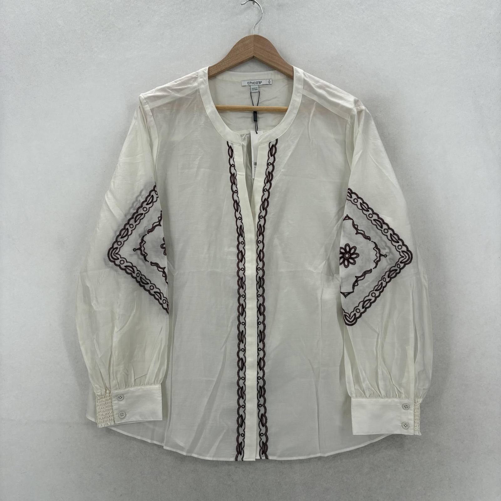 Chico\'s Blouse Womens 3 White Embroidered Long Sleeve Tunic Sheer Boho NWT