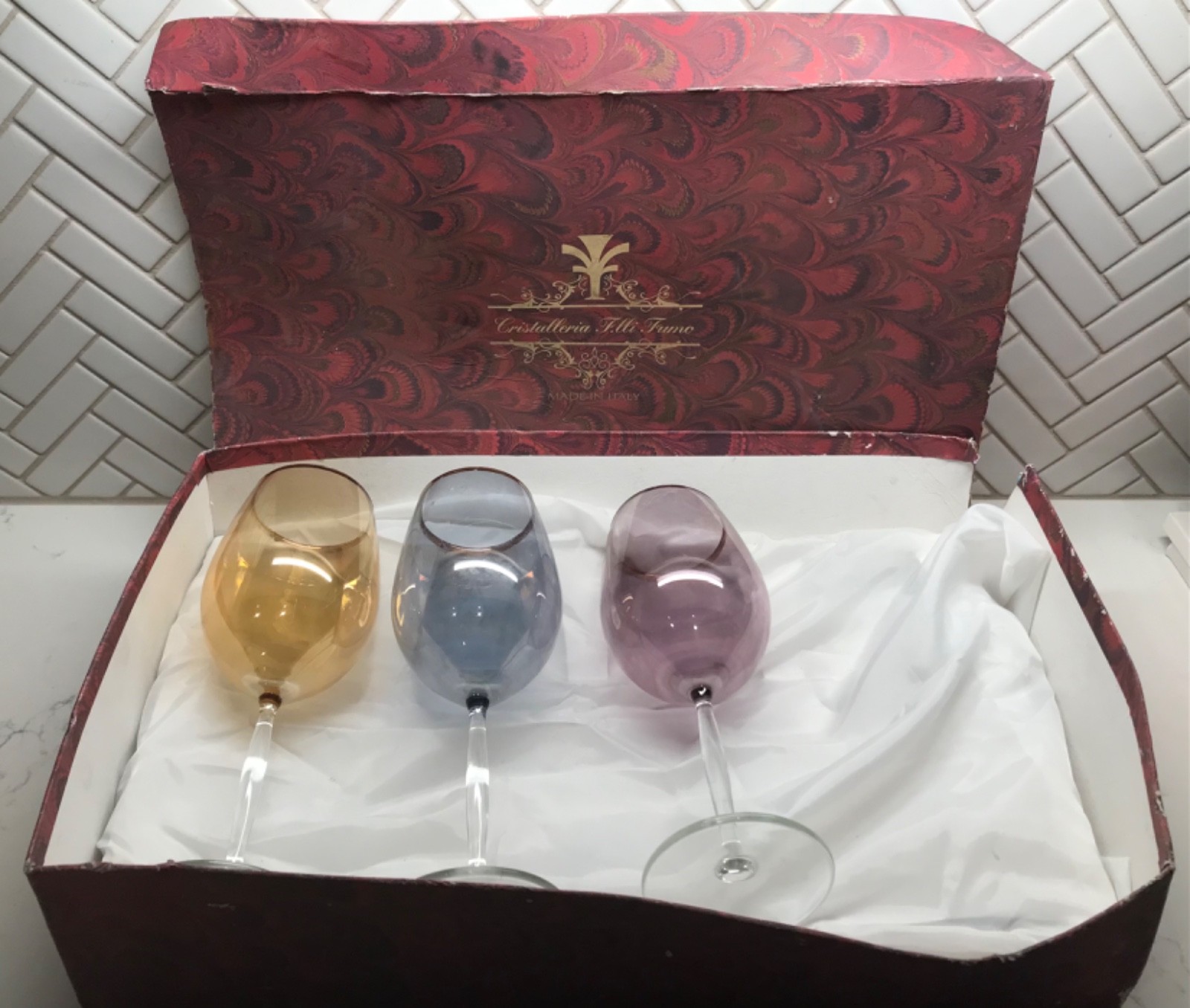Cristalleria Fratelli Fumo Wine Glasses Lot (3) Multicolor Floral Made In Italy Cristalleria Fratelli Fumo Wine Glasses Lot (3) Multicolor Floral Made In Italy