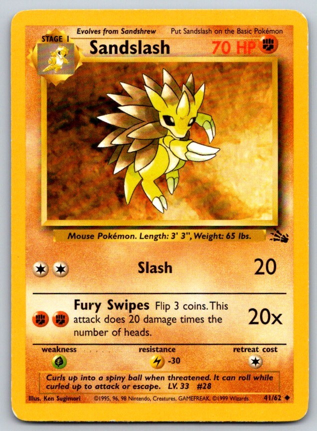 Sandslash Unlimited Fossil 41/62 Pokemon Card MP Sandslash Unlimited Fossil 41/62 Pokemon Card MP