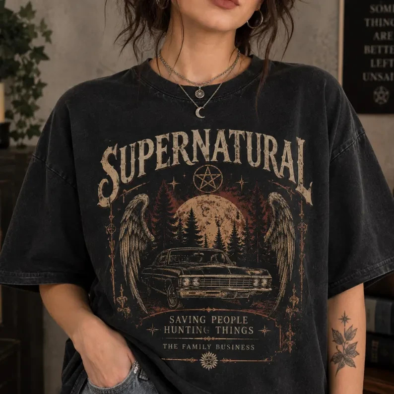 Vintage Paranormal Hunter Graphic Tee, Gothic Angel Wings Car Shirt, Supernatura Vintage Paranormal Hunter Graphic Tee, Gothic Angel Wings Car Shirt, Supernatura