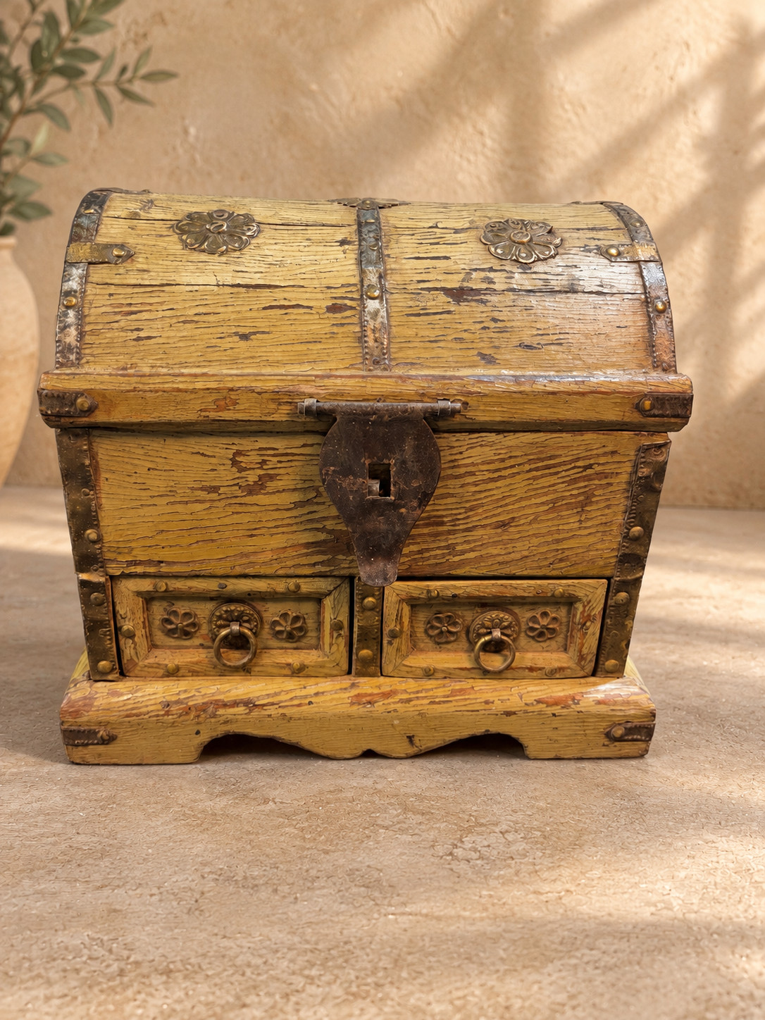 Indian Wooden Treasure Chest Yellow Distressed Storage Box 2 Drawers Brass