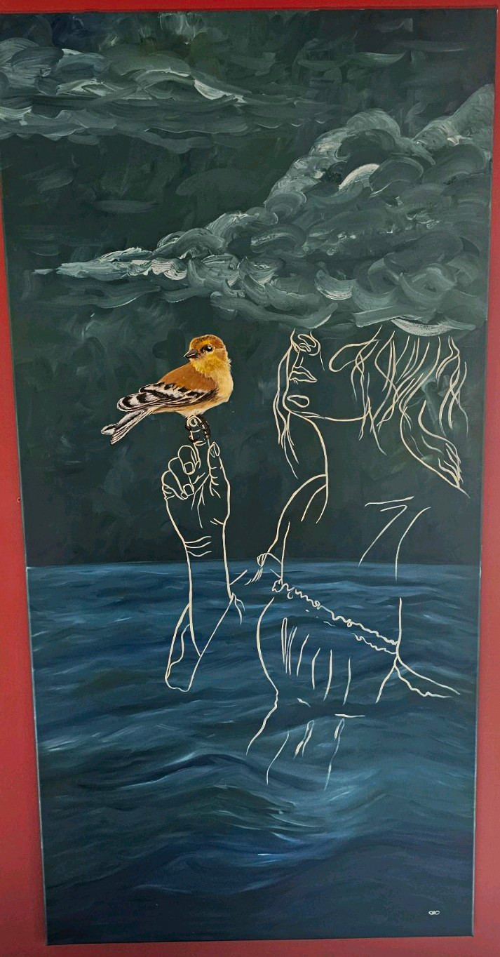 Gorgeous Original Woman Holding Bird Painting Ocean Cloud On Canvas 24x48 Custom Gorgeous Original Woman Holding Bird Painting Ocean Cloud On Canvas 24x48 Custom
