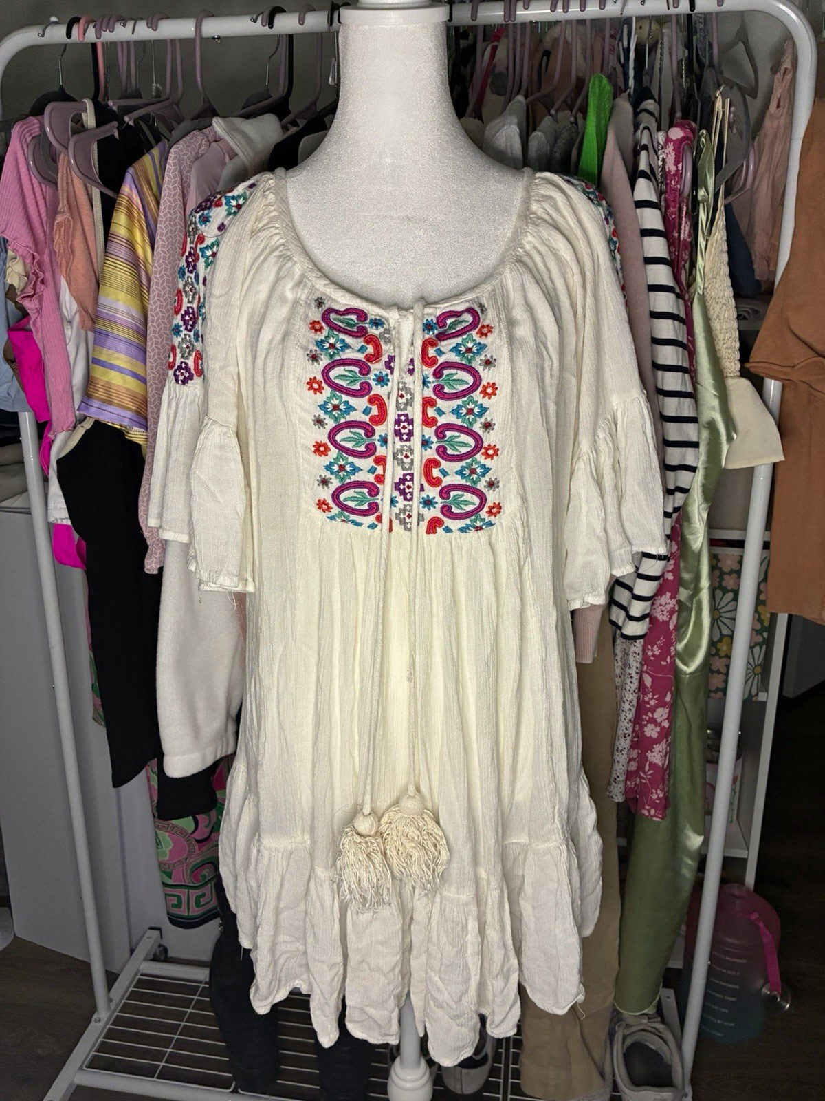 Sacred Threads Ivory Embroidered Shift Dress 3/4 Bell Sleeve Viscose S