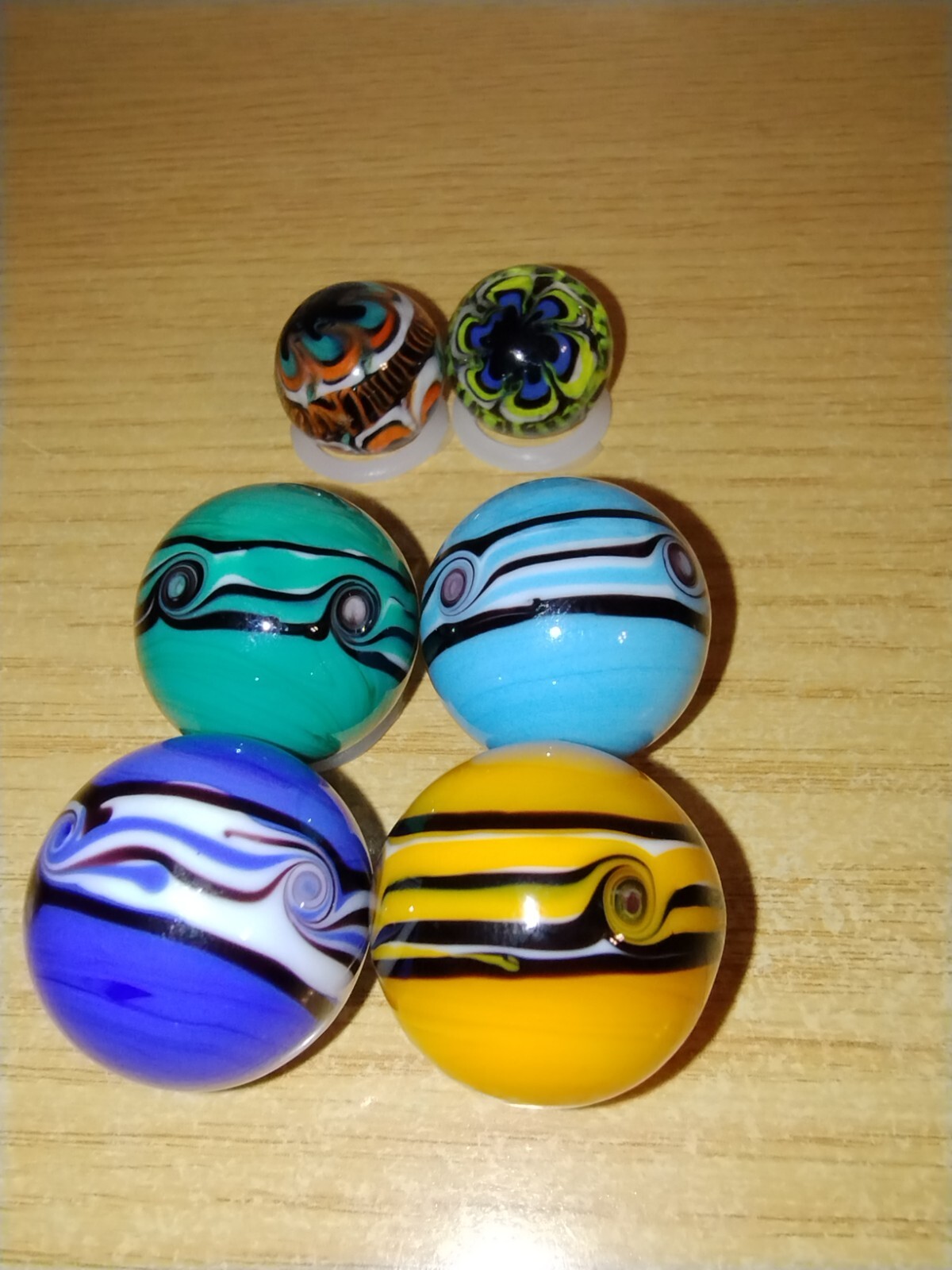 Lot of 4 Riptide 22mm + 2 Rinky Dink 16mm Handmade Art Glass Set of 6 Marbles