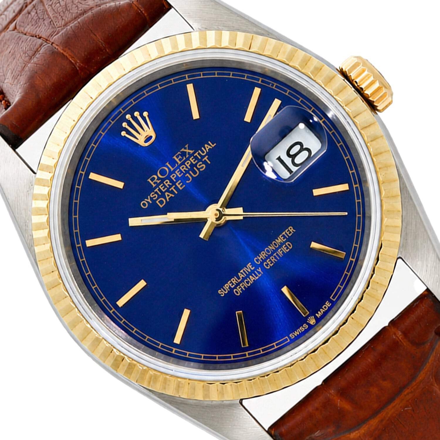 Rolex Datejust 16013 36mm Blue Dial Gold Bezel Stainless Steel Watch