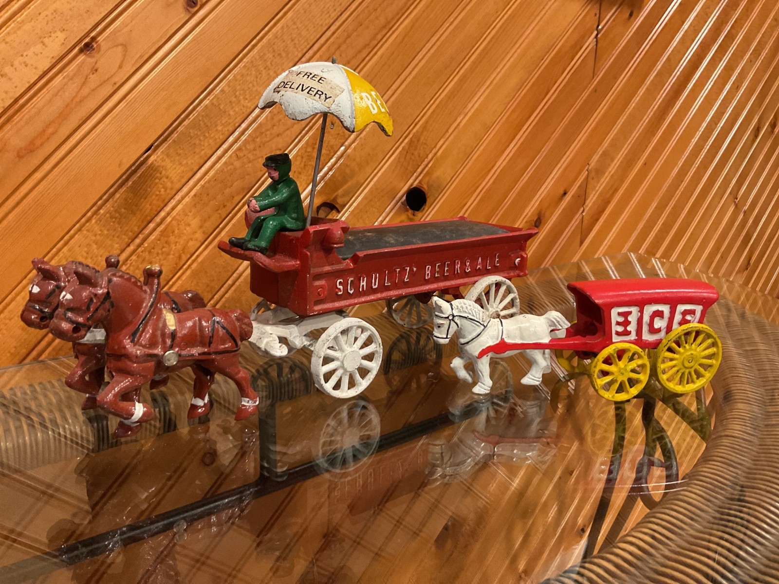 Vintage SET Cast Iron Red -White Schultz Beer ,Ice Horse Drawn Delivery Wagons Vintage SET Cast Iron Red -White Schultz Beer ,Ice Horse Drawn Delivery Wagons