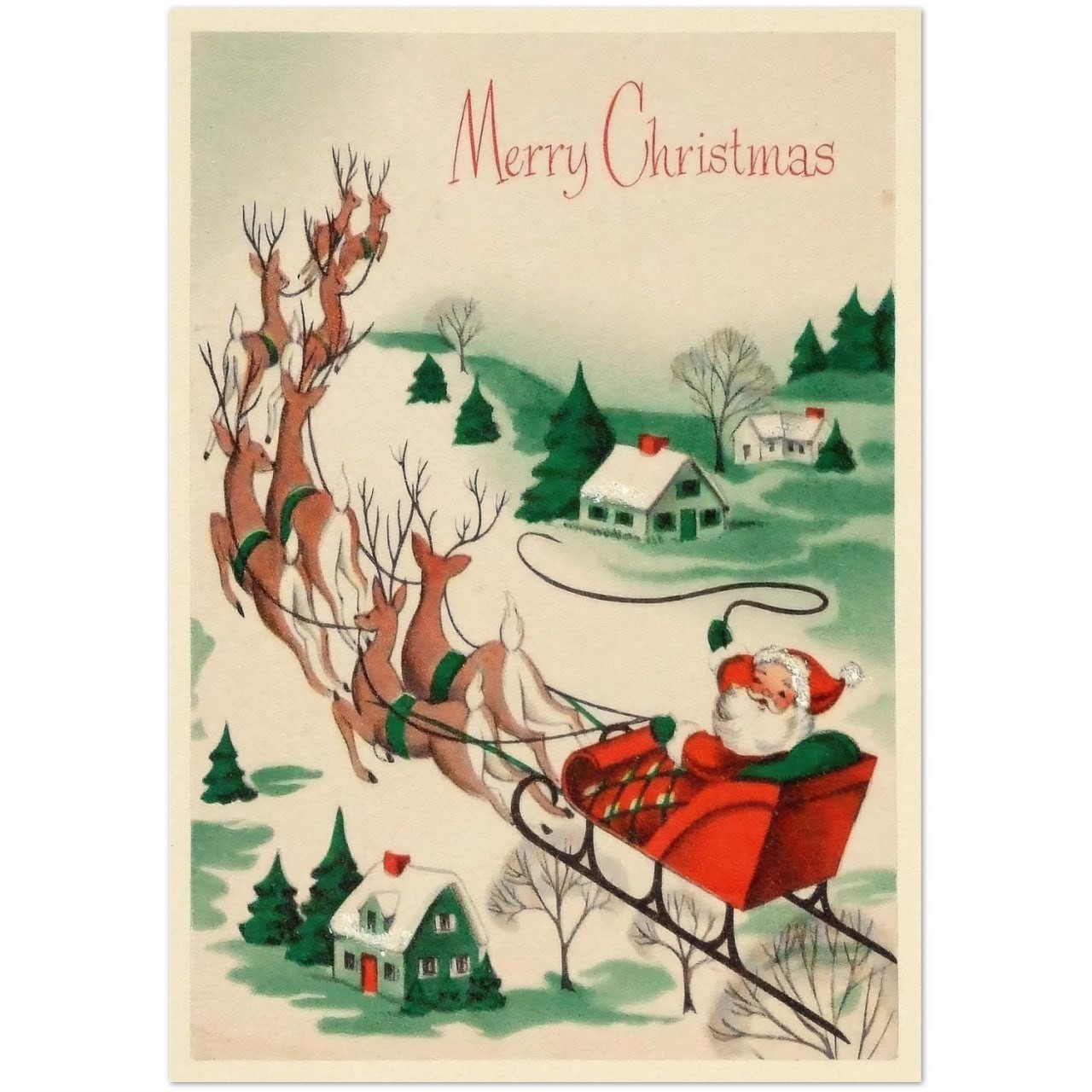 Vintage Santa Merry Christmas Sleigh Reindeer Holiday Art Poster