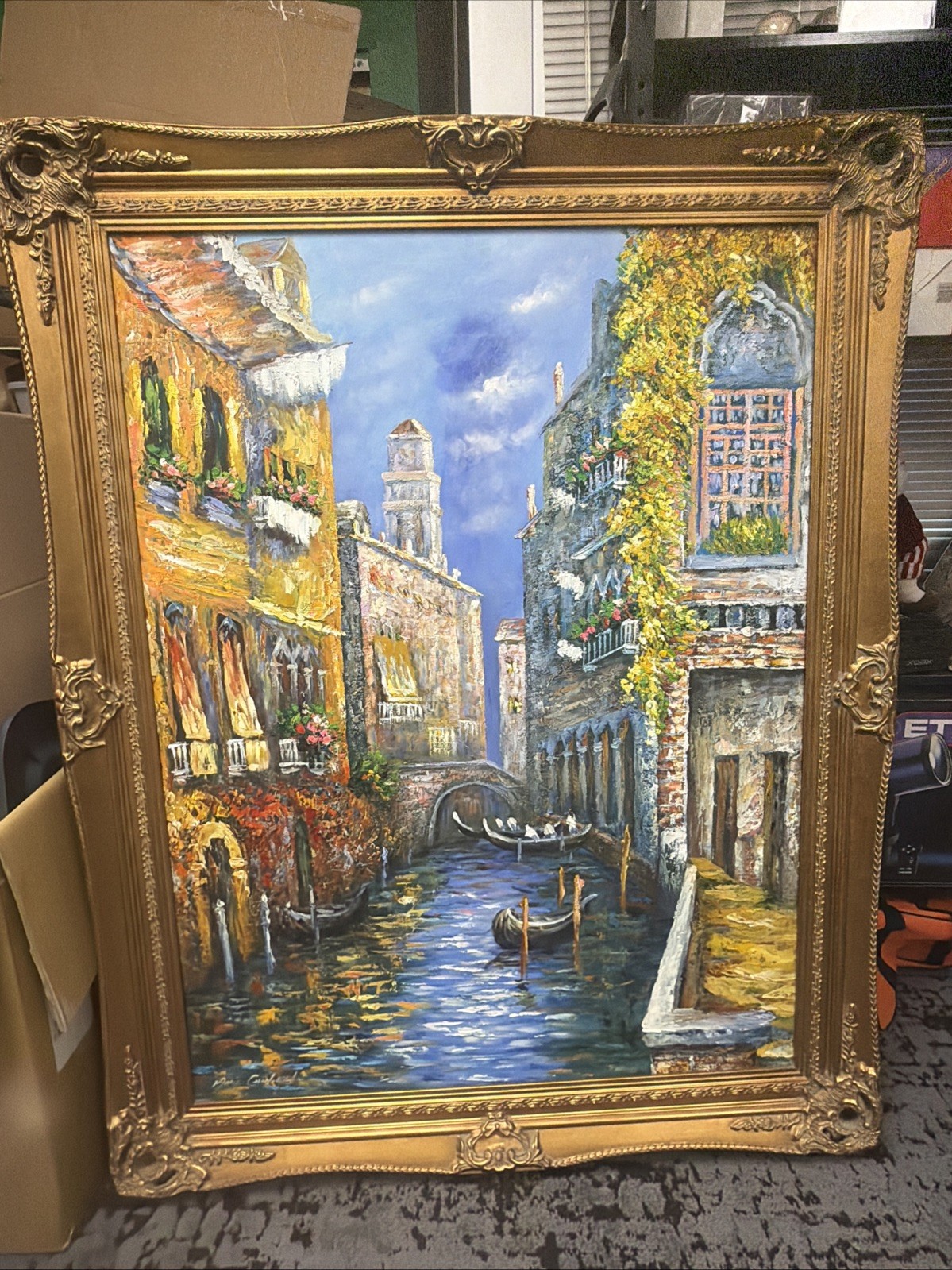 VINTAGE MARIE CHARLOT VENICE CANAL OIL PAINTING LARGE ORNATE GOLD FRAME ART36x48