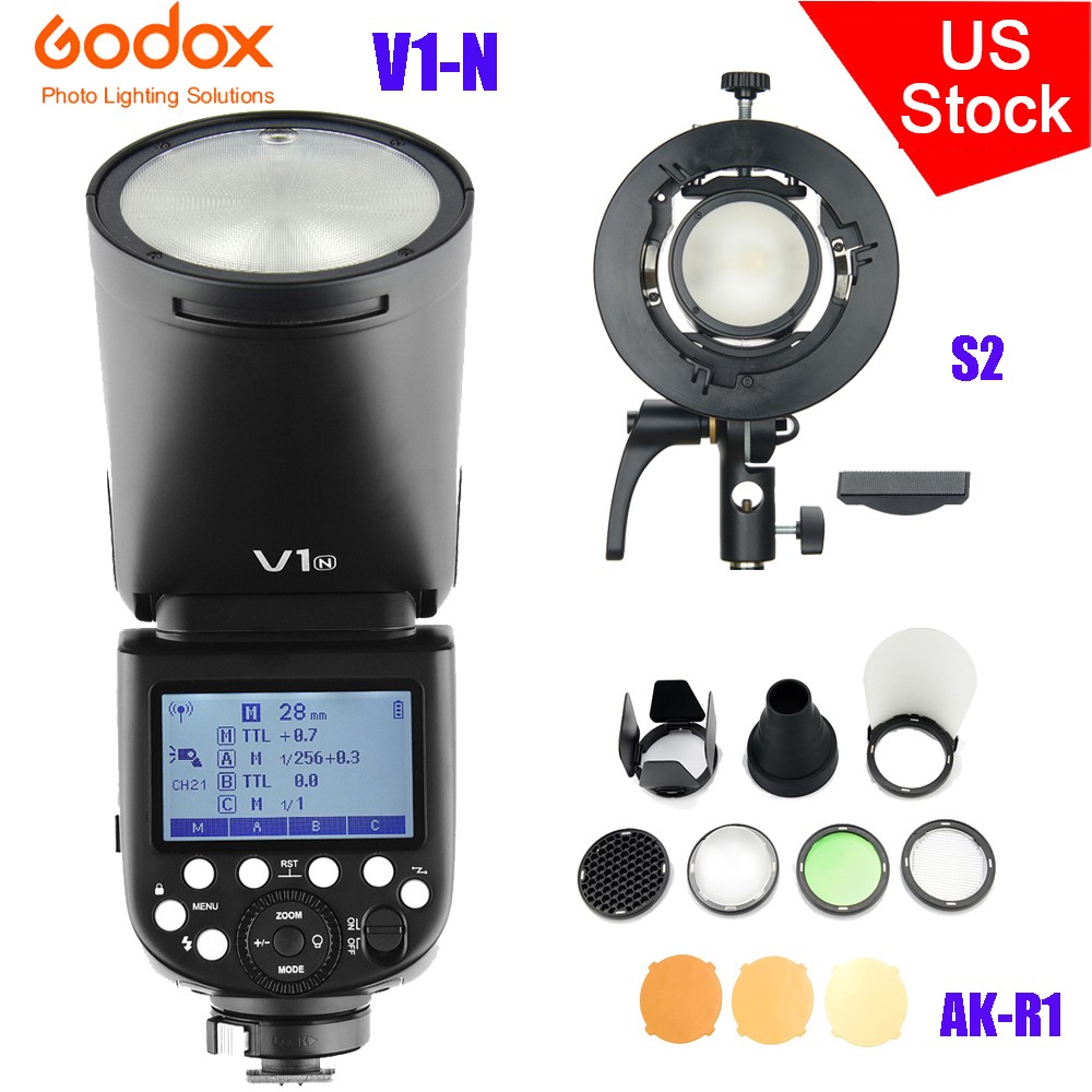 Godox V1-N 2.4G Round Head Camera Flash for Nikon+S2 Bracket+AK-R1 Barn Door Kit