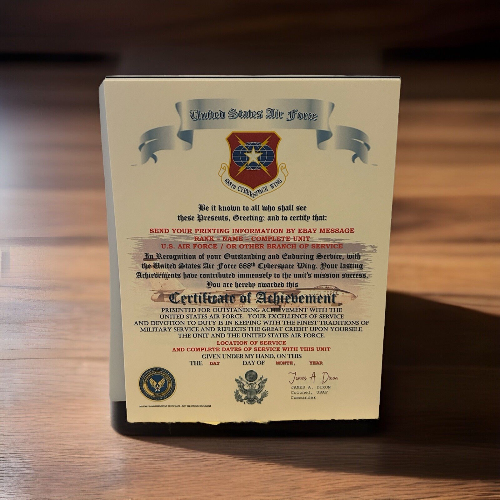 U.S.A.F. / AIR FORCE 688TH CYBERSPACE WING - CERTIFICATE OF ACHIEVEMENT