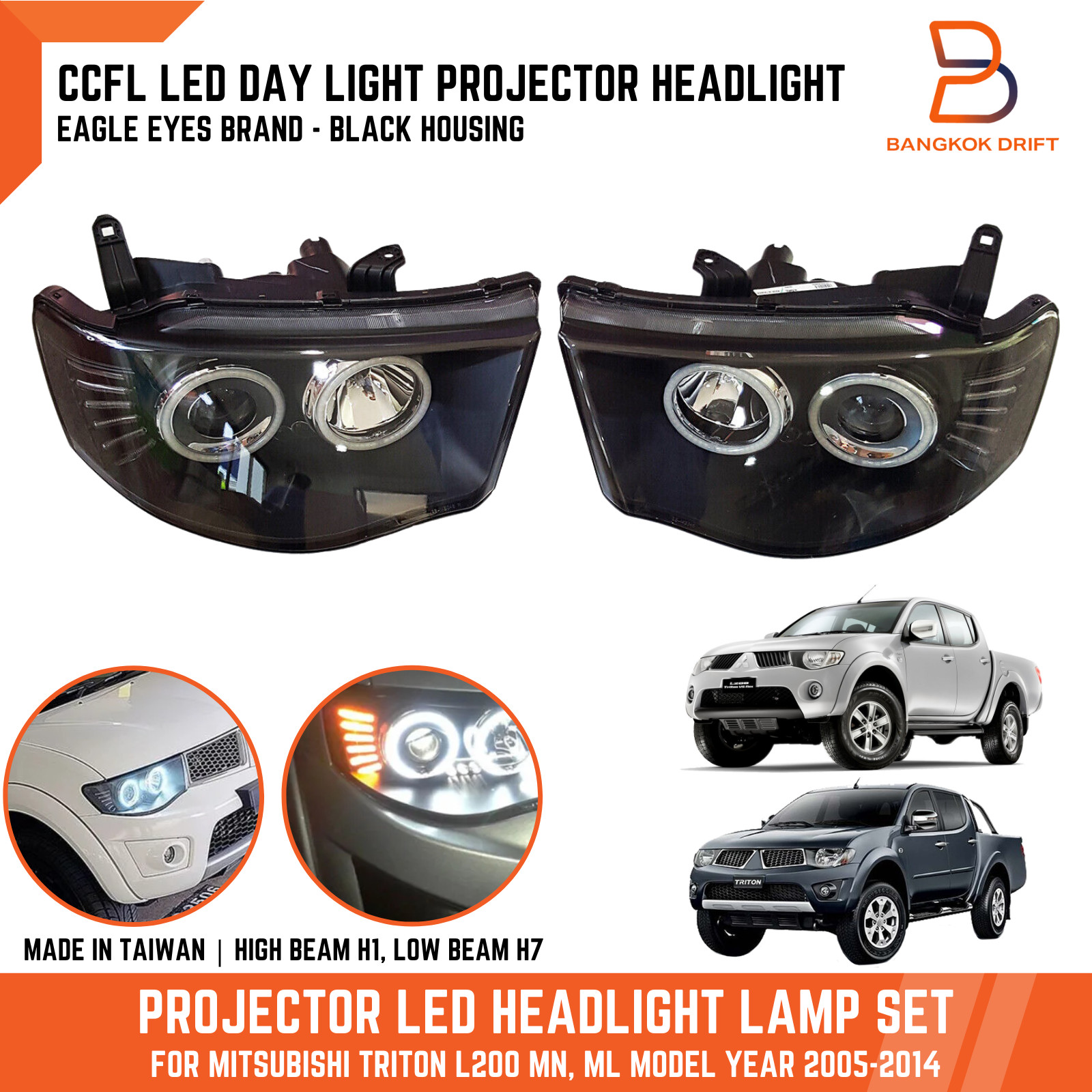 BLACK EAGLE EYES PROJECTOR HEADLIGHT LAMP For MITSUBISHI TRITON L200 MN ML 05-14