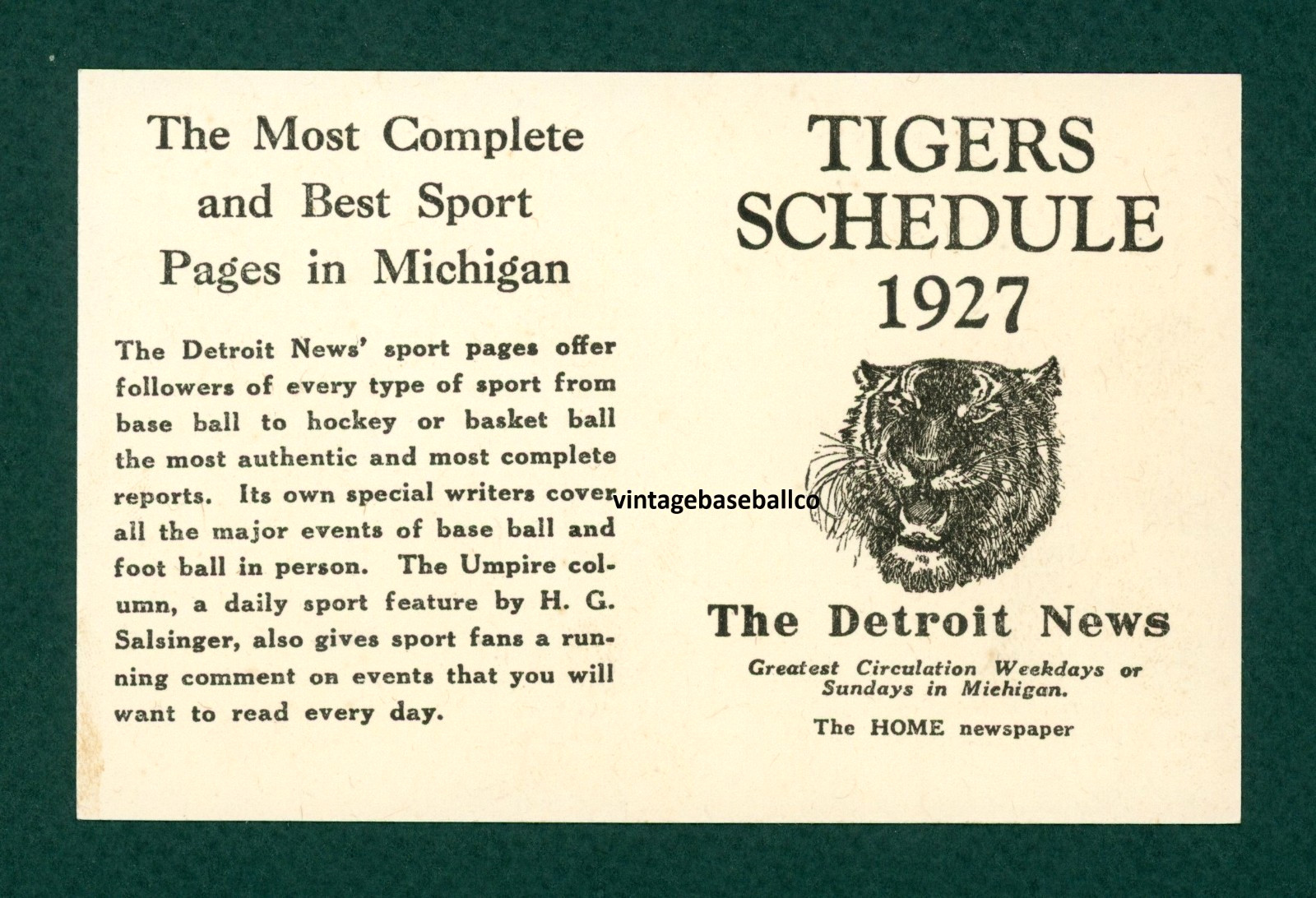 SCARCE antique 1927 DETROIT TIGERS - NAVIN FIELD Baseball Schedule HEILMANN