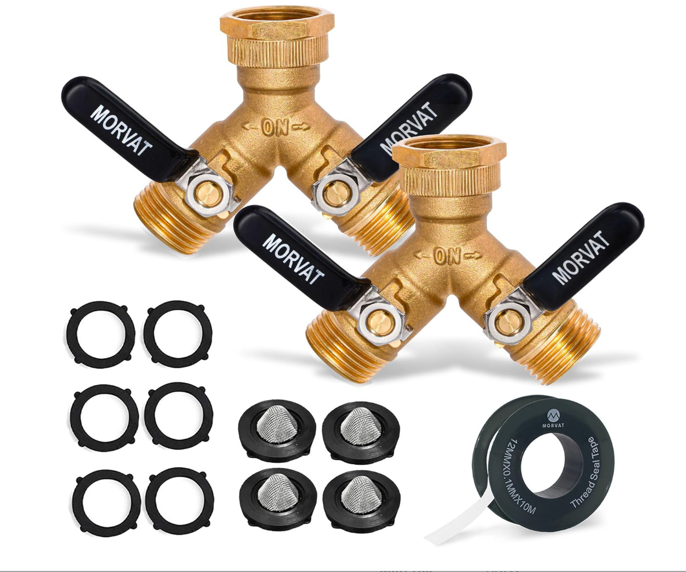 2 Pack Morvat Brass 2-Way Garden Hose Splitter – Heavy Duty w/ Rubber Handles