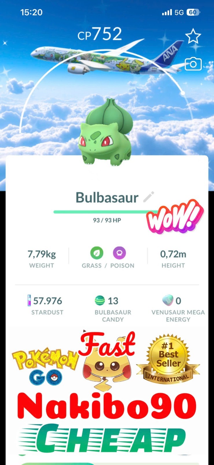 Pokemon✨Shiny Bulbasaur Jet Green ANA Background✨P’TC✨TRA DE✨Go✨Safe✨Digital✨