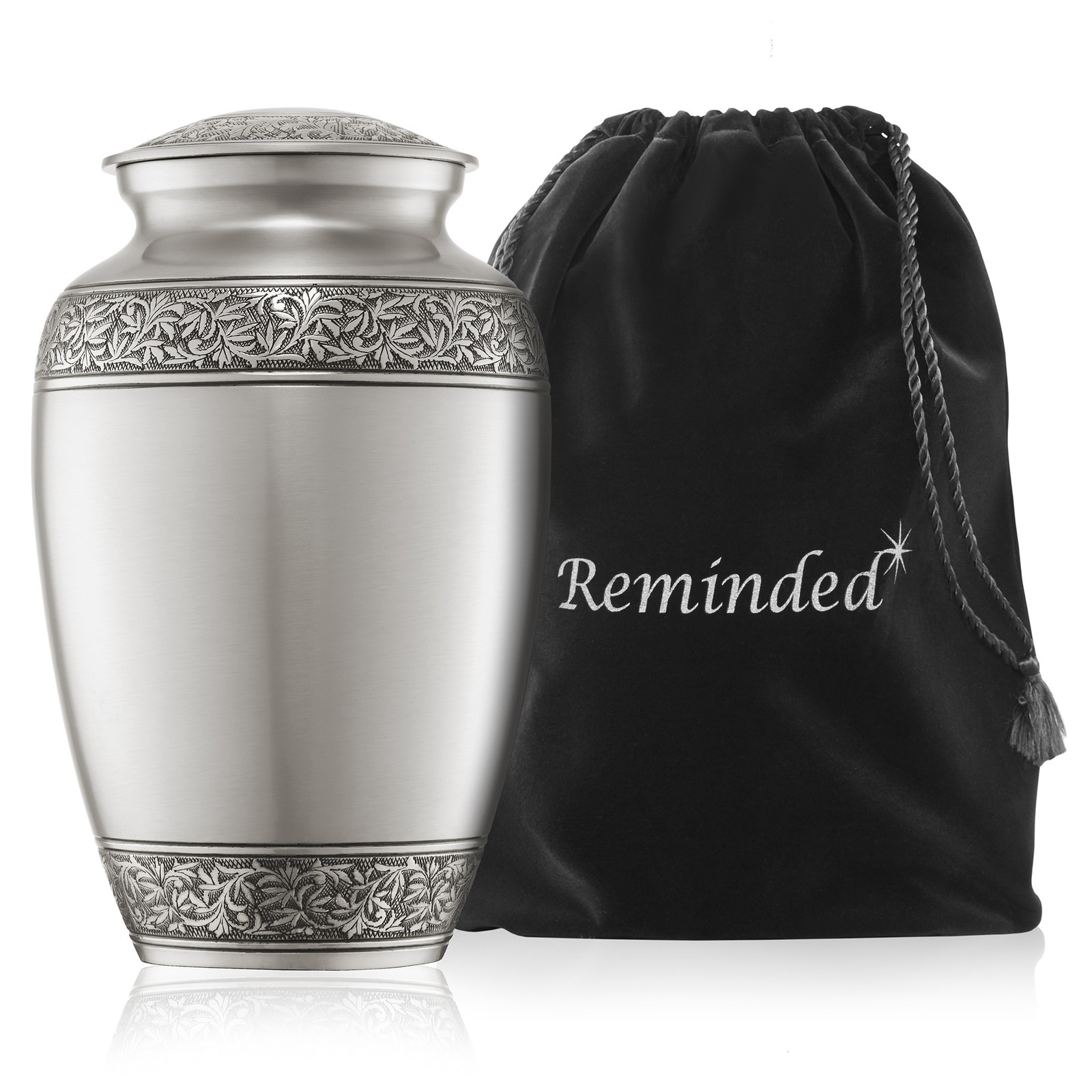 Adult Brass Cremation Urn for Human Ashes - Silver with Velvet Bag