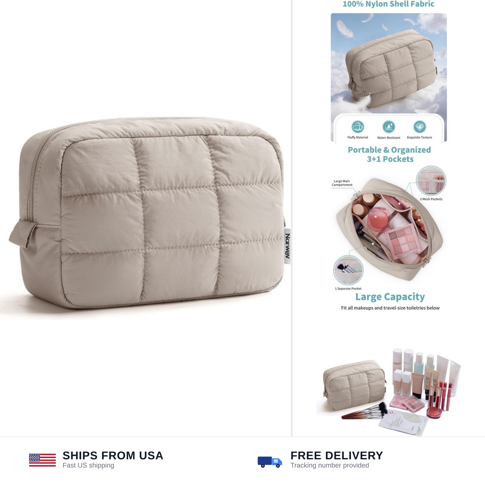Narwey Quilted Makeup Bag for Women Girl, Puffer Travel Cosmetic Bag Puffy Ma... Narwey Quilted Makeup Bag for Women Girl, Puffer Travel Cosmetic Bag Puffy Ma...