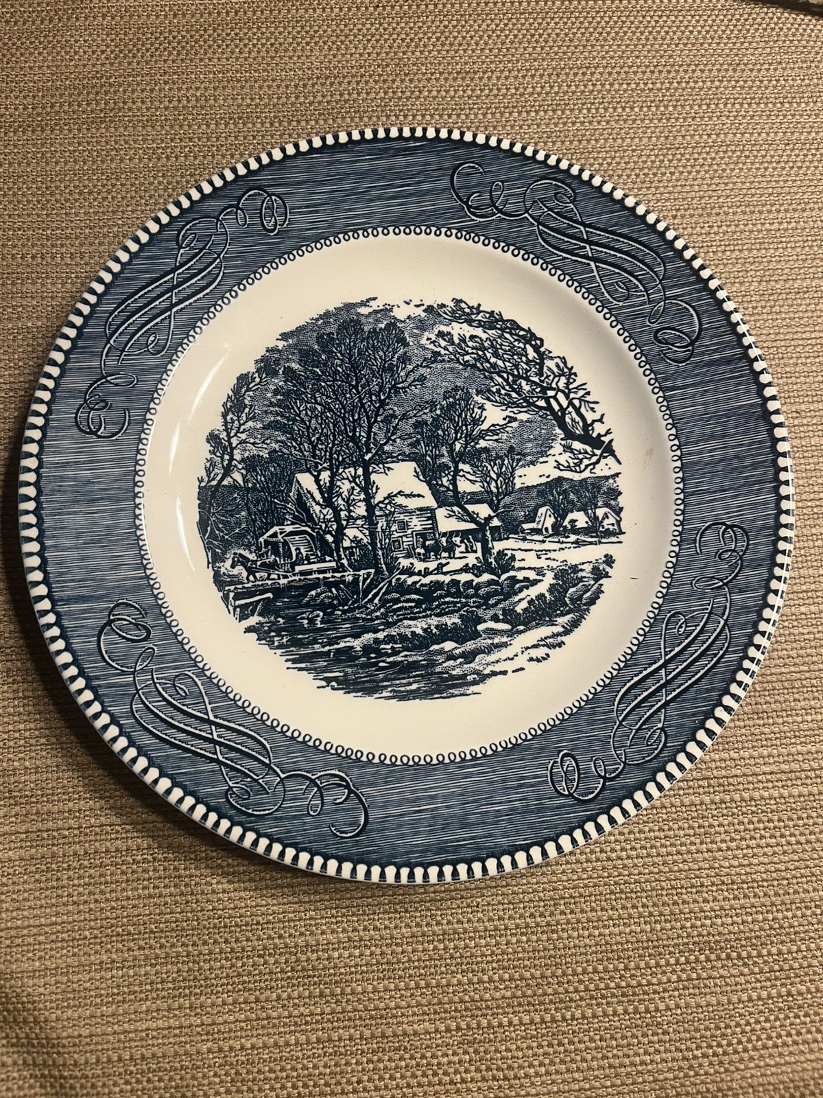 1960\'s Vintage Royal Currier & Ives Grist Mill Dinner Plate Blue one plate 1960\'s Vintage Royal Currier & Ives Grist Mill Dinner Plate Blue one plate