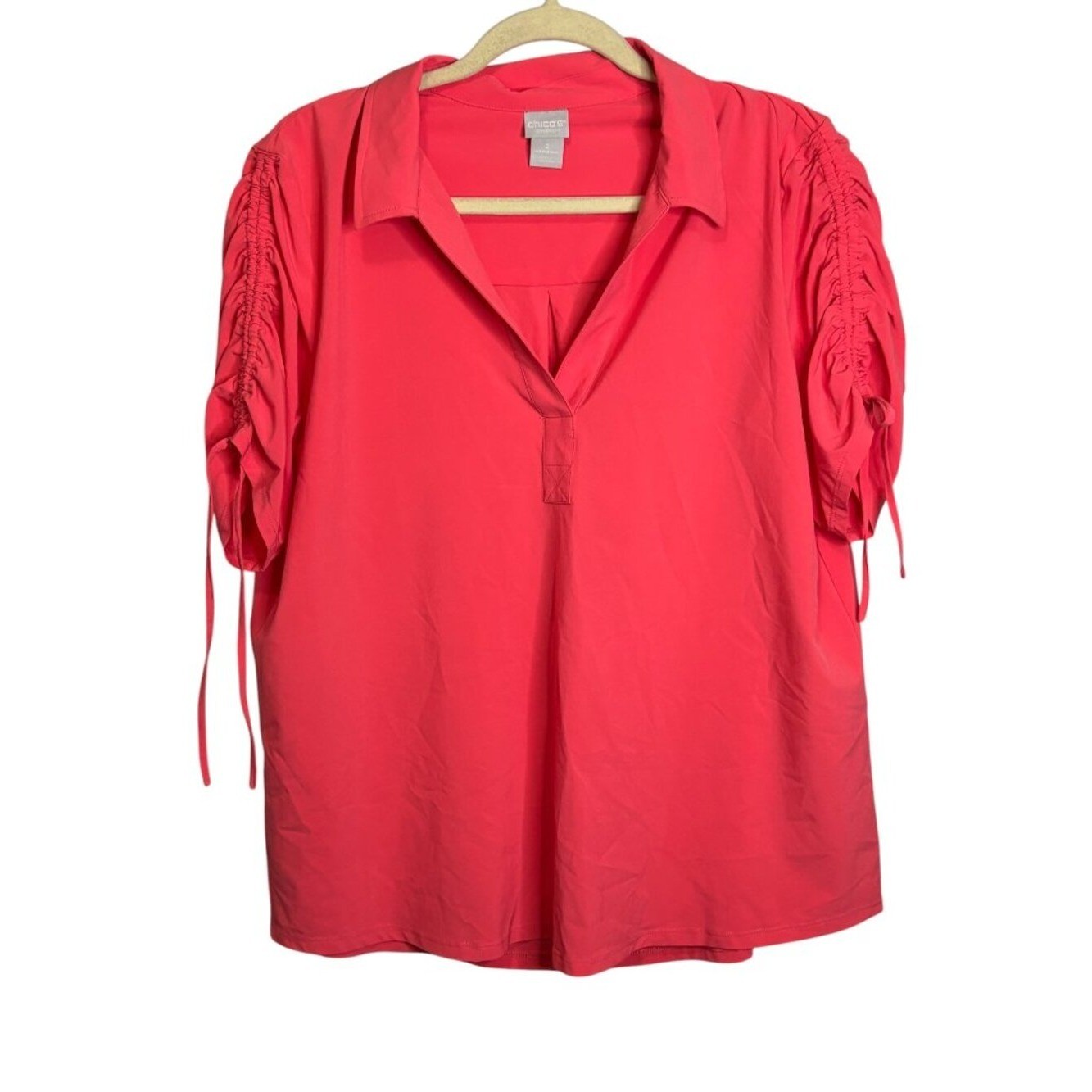 Chico\'s Blouse Women\'s Large Zenergy Ruched Sleeves Casual Coral Pink Chicos 2