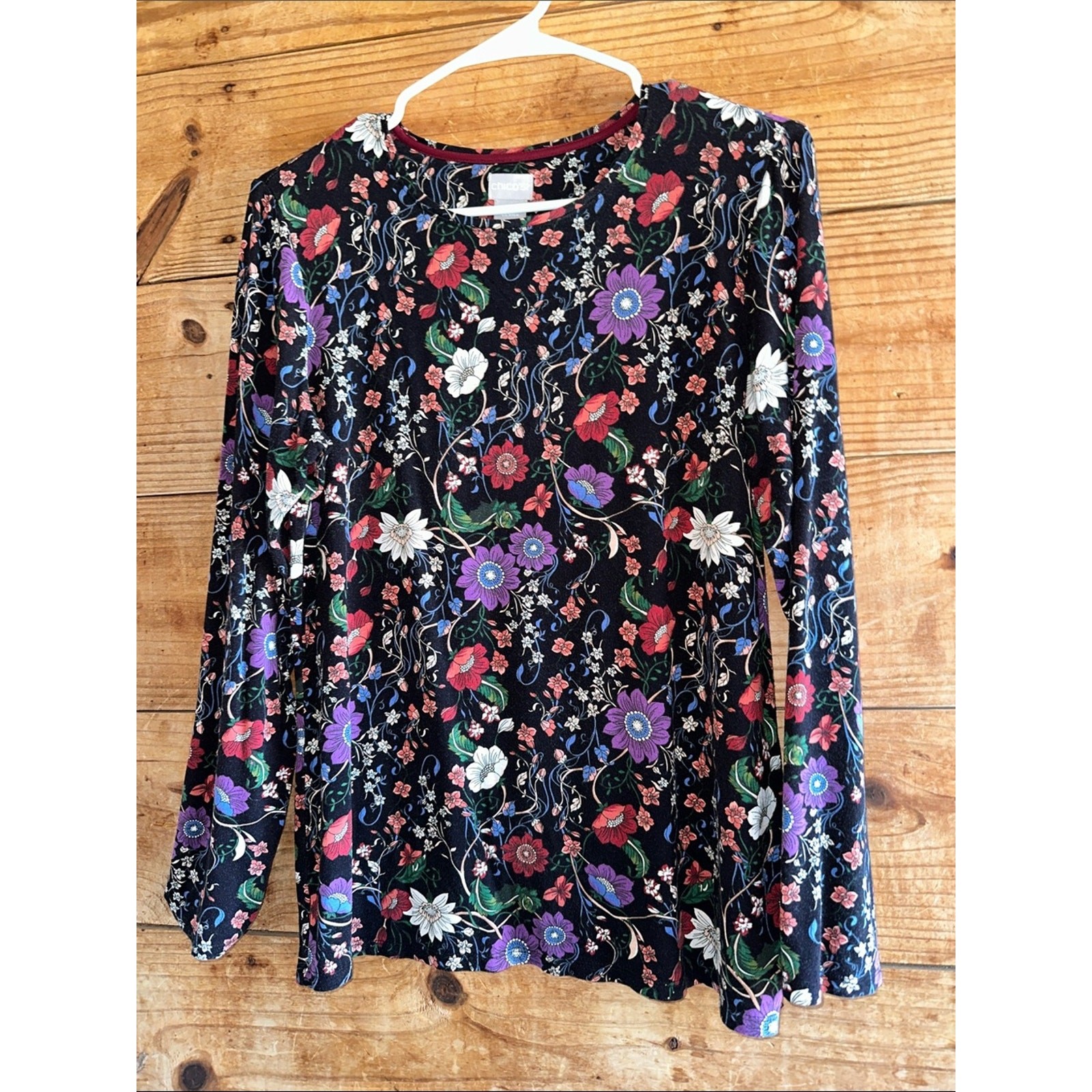 Chico\'s Black Long-Sleeve Floral Tee with Multicolor Blooms