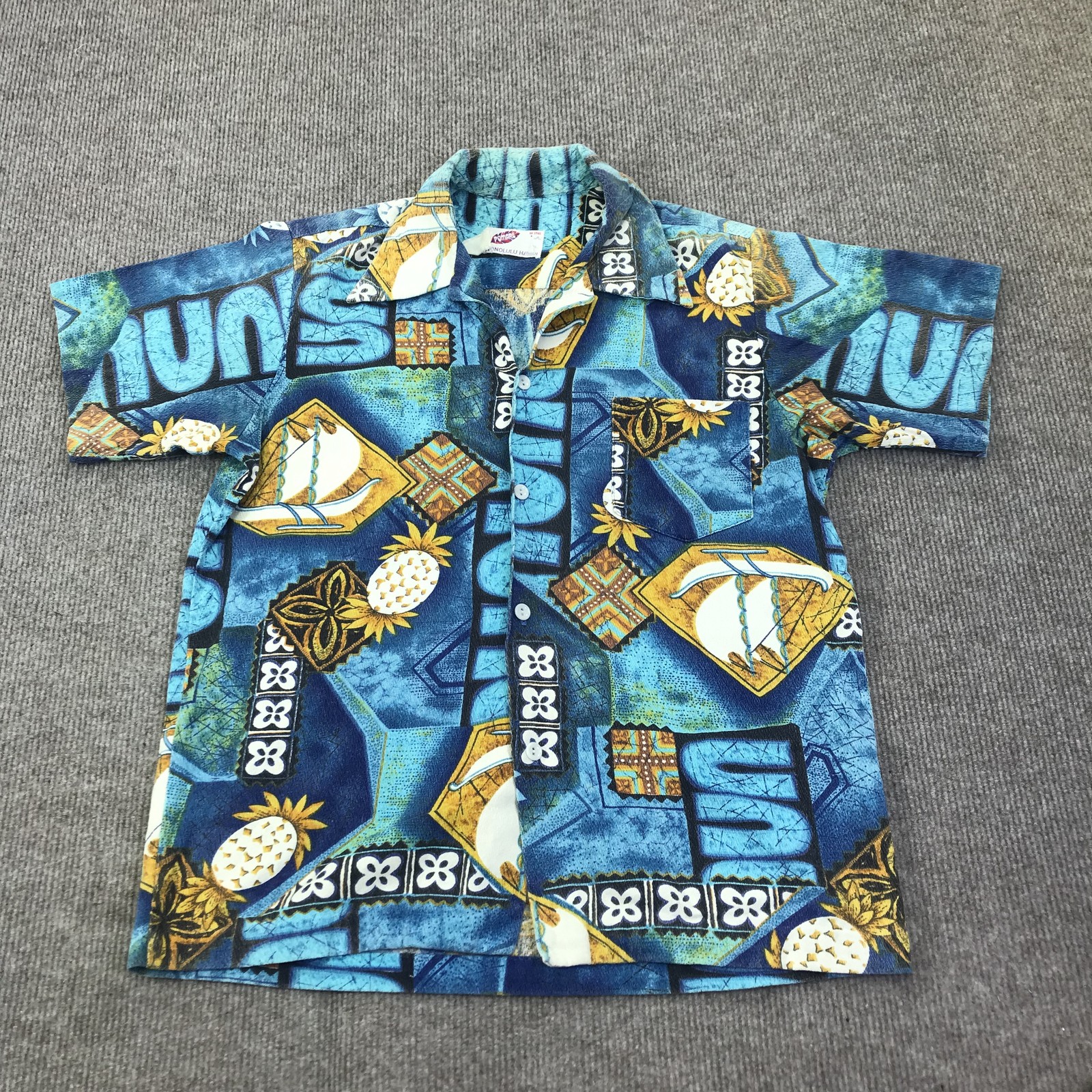 Vintage Pomare Shirt Mens Large Blue Hawaiian Aloha Print Short Sleeve Button Up