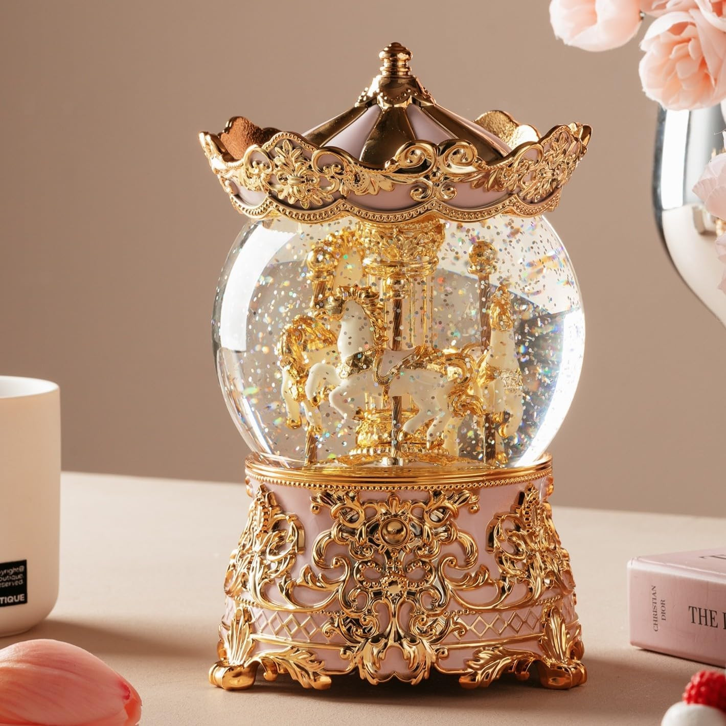 Carousel Music Box Princess Unicorn Musical Snow Globe for Girls and Women Baby