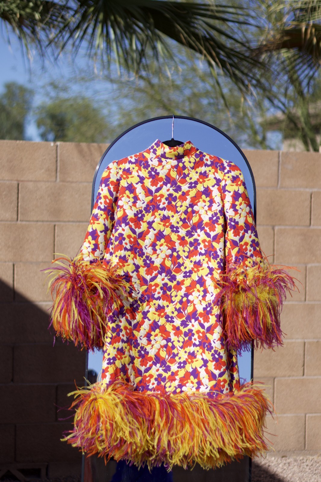 1960s Geoffrey Beene Psychedelic Floral Dress w/Feather Trim