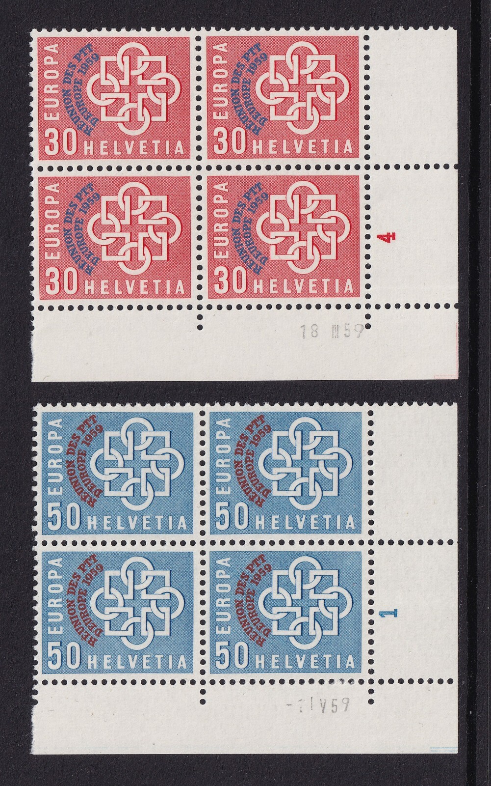 SWITZERLAND 1959 Montreux set of 2 in blocks of 4 SG 608-609 MNH/** (CV £170+) SWITZERLAND 1959 Montreux set of 2 in blocks of 4 SG 608-609 MNH/** (CV £170+)