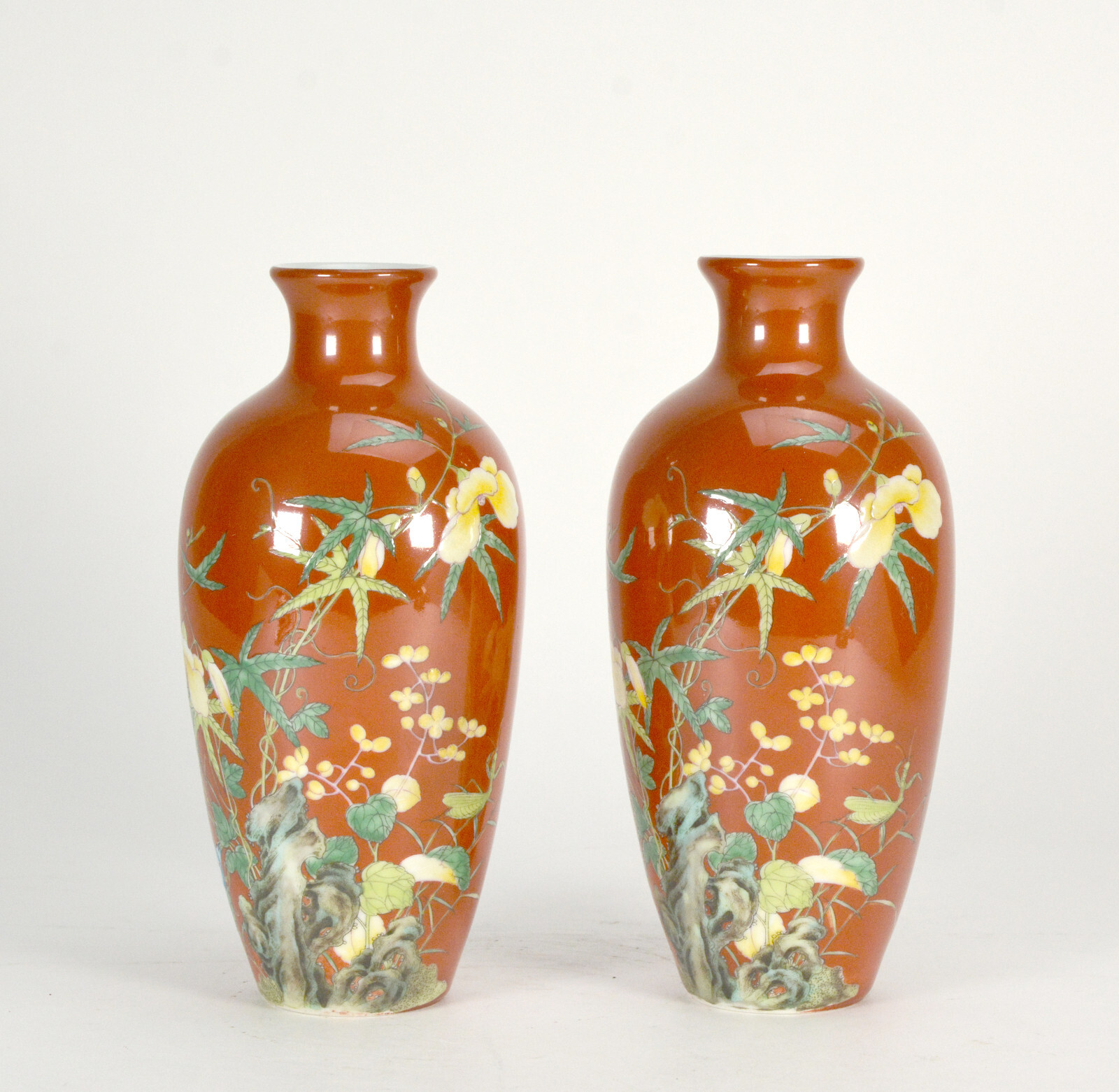 Fine Pair of Chinese Qing Qianlong MK Enamel Floral Red Ground Porcelain Vase