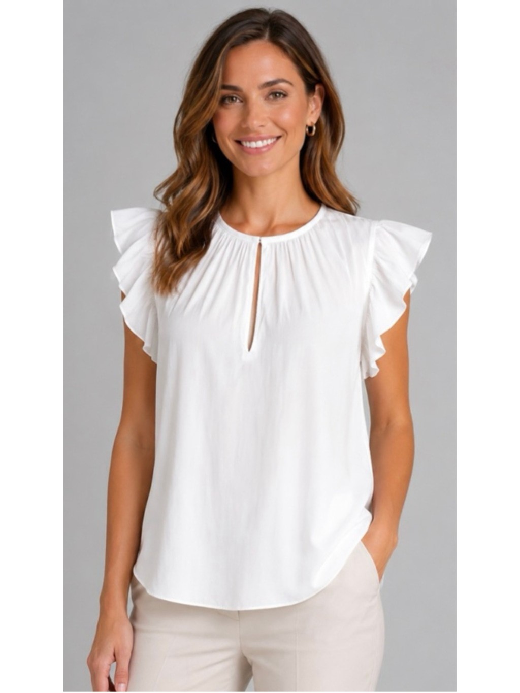 NWT Ramy Brook Blouse M Ivory Ruffle Sleeve Keyhole Neck