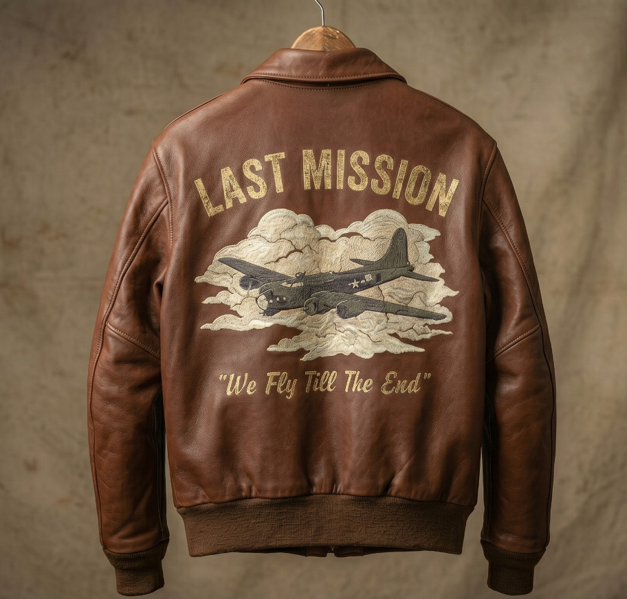 WW2 A2 Brown Leather Bomber Jacket Last Mission Squadron Flight Pilot