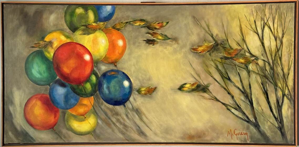 DONLON MCGOVERN VINTAGE MODERN ABSTRACT BALOON LANDSCAPE OIL PAINTING LARGE 1969