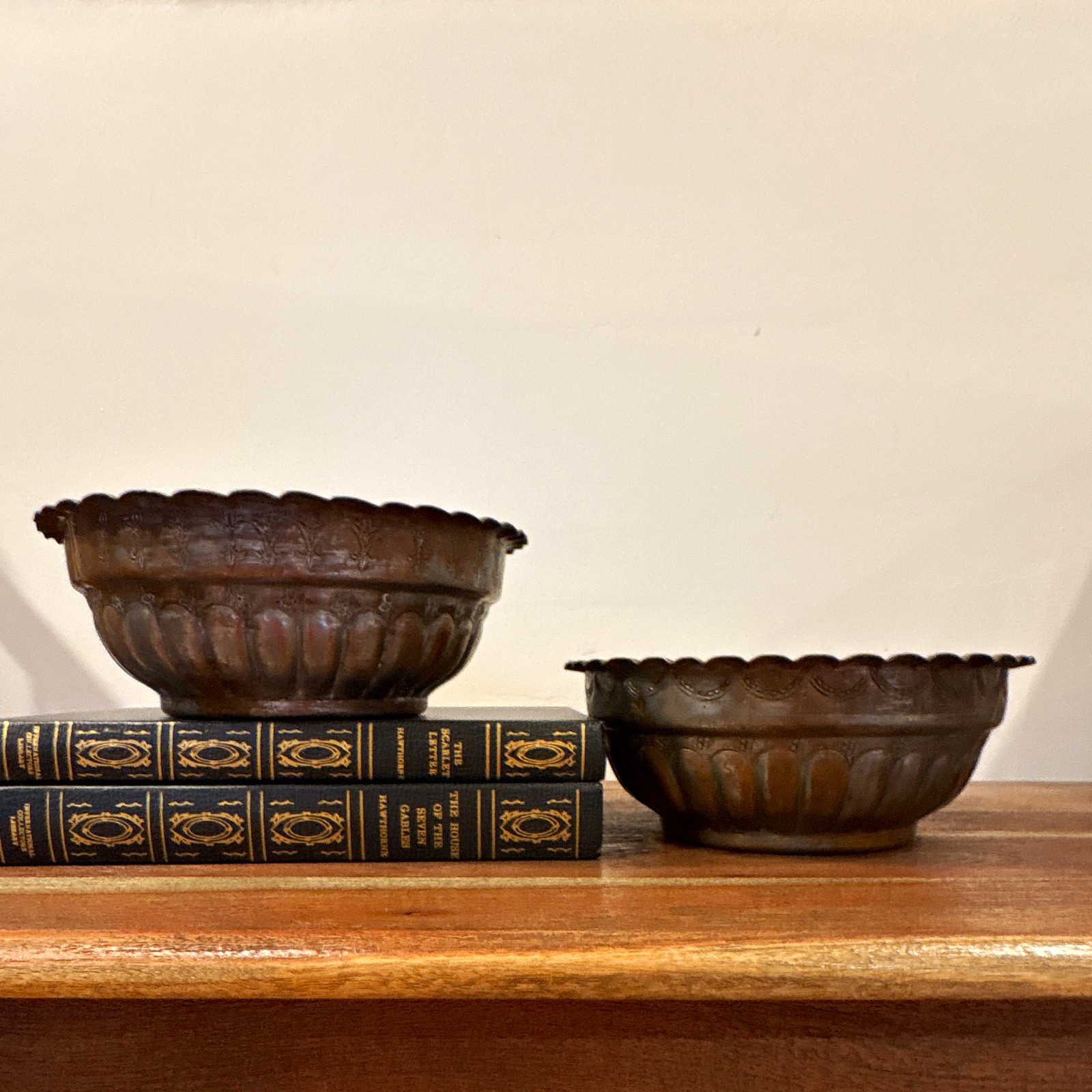 VTG, 1930’s, Pair of Heavy Pewter-Washed Copper Planters, Flower Frogs, Egypt