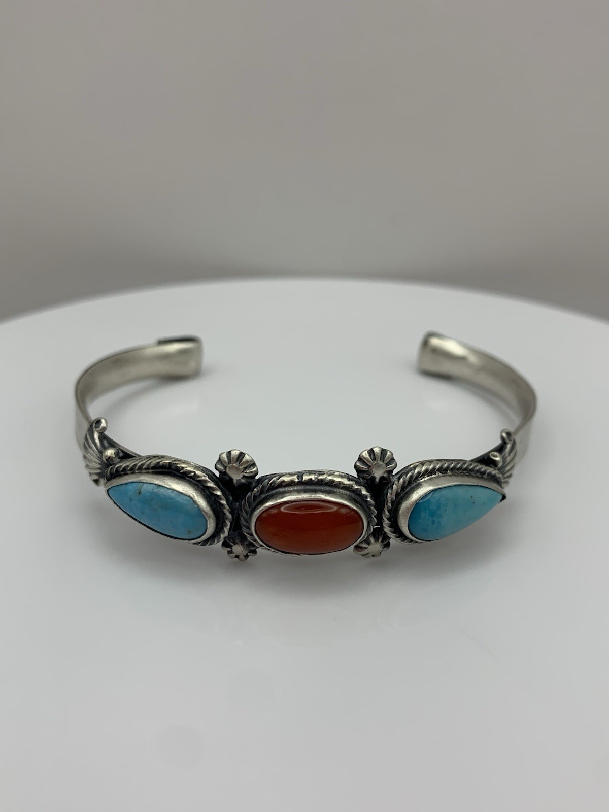 Navajo Turquoise And Coral Sterling Silver Cuff Bracelet size 6.5” signed HBY